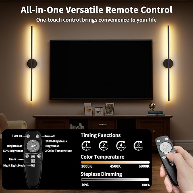 Battery Operated Sconces Set of Two: Wireless Magnet Wall Lights Rechargeable with Remote Cordless Adhesive LED Sconces Wall Lighting Indoor for Living Room Bedroom Hallway Decor Black