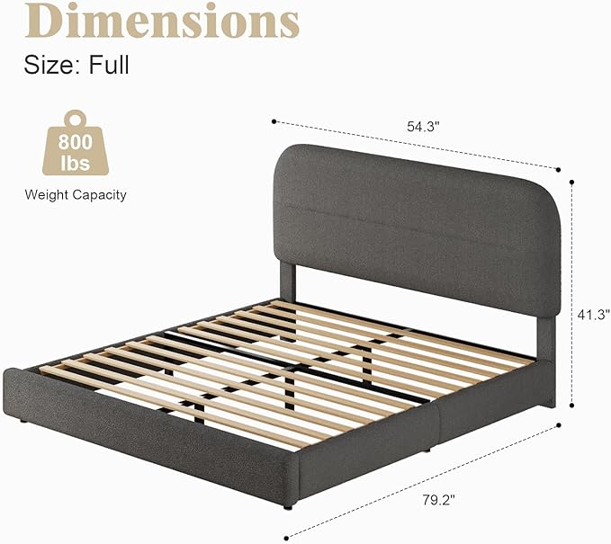 Full Size Boucle Bed Frame, Soft Upholstered Bed Frame with Headboard, Thickened Footboard, Rounded Corners, No Box Spring Needed, Easy Assembly, Grey