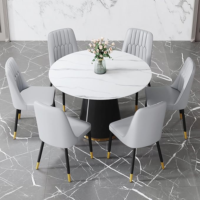 45 Inch Round Dining Table Set for 6, 7 Piece Kitchen Table and Chairs Set, White Faux Marble Table Top, Small Space Dining Set for Apartment or Dining Room