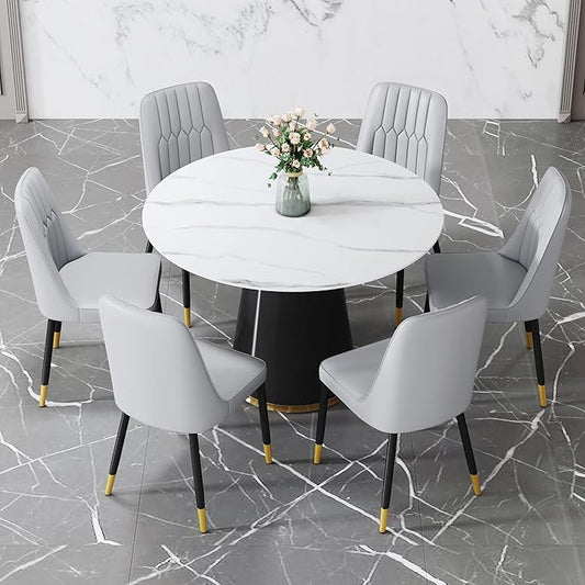 45 Inch Round Dining Table Set for 6, 7 Piece Kitchen Table and Chairs Set, White Faux Marble Table Top, Small Space Dining Set for Apartment or Dining Room