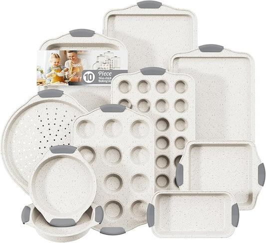 11-Piece Nonstick Baking Pans Set, Stackable Non Toxic Bakeware Sets with Cookie Sheets, Cake Pan, Loaf Pan, Pizza Pan, Muffin Pan, White&Gray