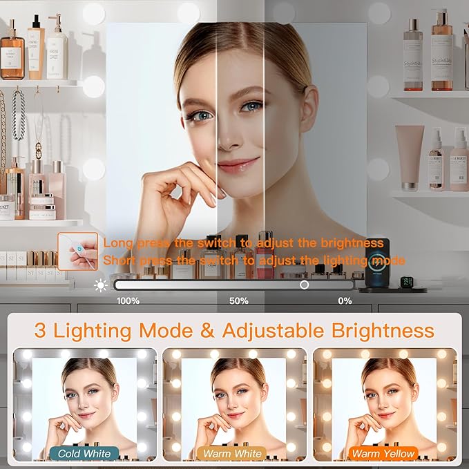 Quimoo Large Vanity Desk with LED Lighted Mirror & Power Outlet,Makeup Vanity Table with 7 Drawers,4 Shelves and 5 Hooks,Vanity Table, Vanity Desk Set for Bedroom,Bathroom,White