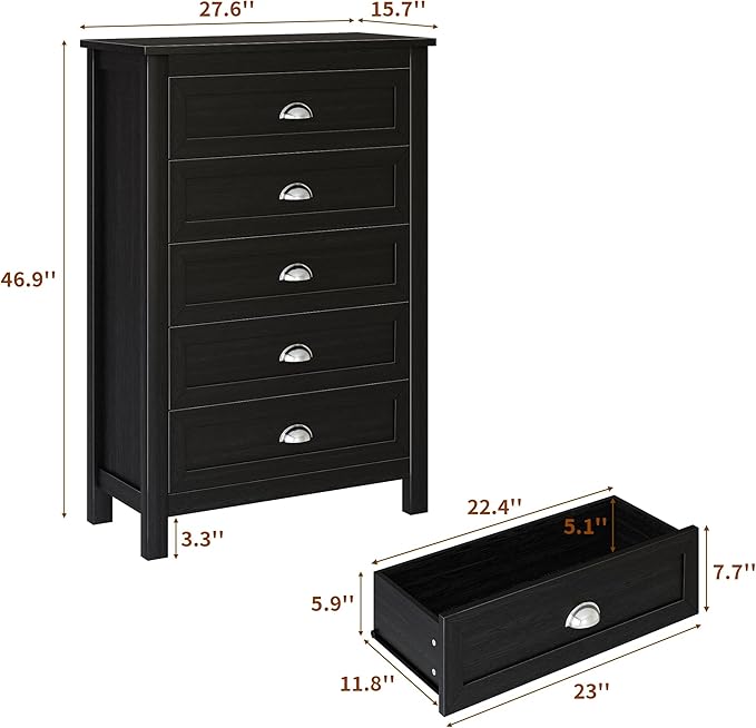 5 Drawer Dresser, Farmhouse Tall Dresser for Bedroom, Antique Black Chest of Drawers, Modern Dressers for Bedroom, Closet