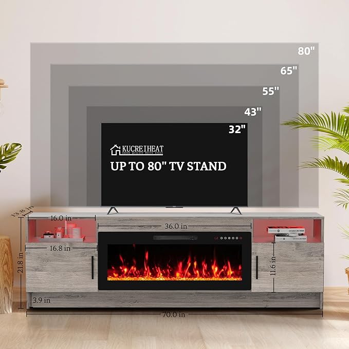 70'' TV Stand with Fireplace-Oak Grey Entertainment Center for 75+ inch TV- TV Cabinet with LED Light, Storage, High Glossy Door, Modern TV Console for Living Room