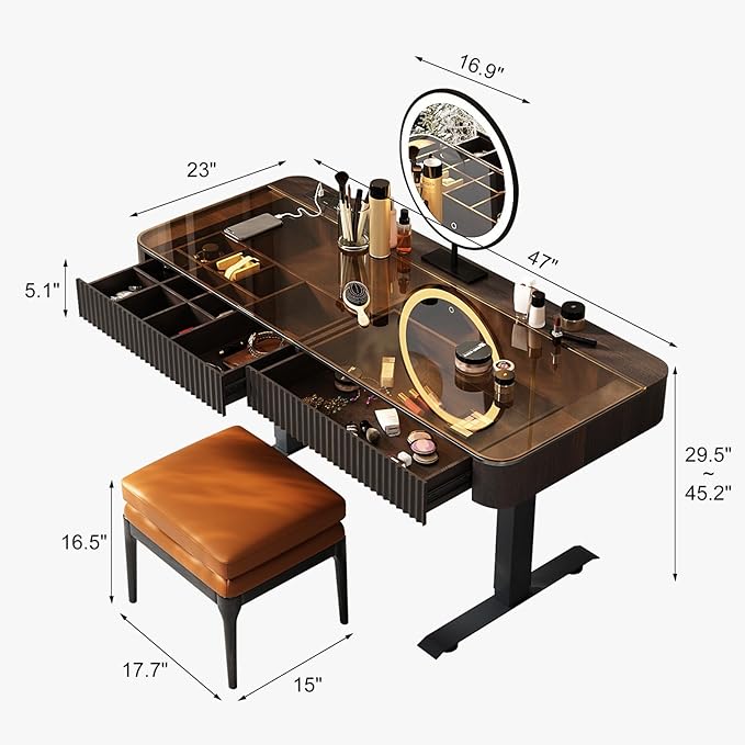 Lartis Vanity Table with Stool,Electric Lift Vanity Desk,Vanity Set，Up and Down Desk, Standing Vanity with Drawer