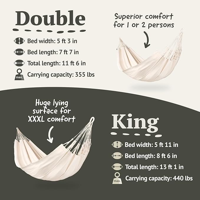 LA SIESTA Modesta Organic Cotton Hammock - Indoor/Outdoor, Bedroom to Backyard, Extra Large Fabric Hammock Bed for 2, Max 440 Lbs, King, Latte