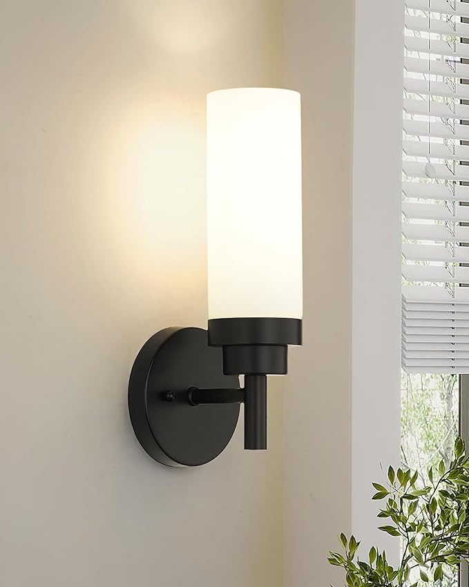 Emak Modern Wall Sconce Set of 2, Black Bathroom Light Fixtures with Milk Glass Shade, Farmhouse Wall Lamp for Bathroom, Bedroom, Living Room, Hallway, WS085-BK-ML-2PK