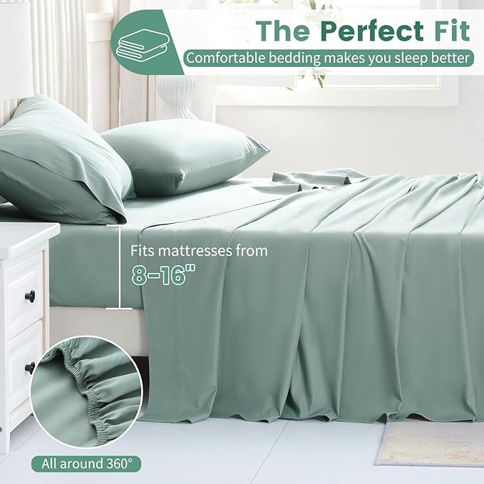 Bedlifes 1000 Thread Count 100% Egyptian Cotton King Size Sheets Set - Sateen Soft Silky Breathable Luxury Cooling 4 Pieces (Sage Green)
