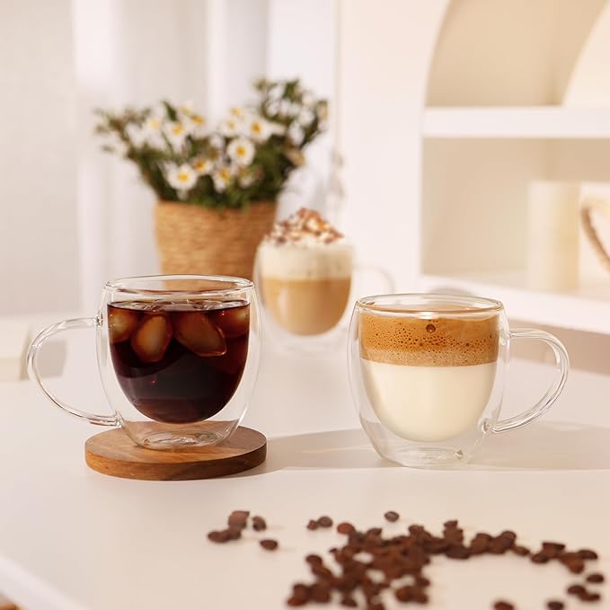 CNGLASS 12oz(4-pack) Double Walled Glass Coffee Mugs,Insulated Glass Mugs with Handle,Clear Espresso Cups for Latte,Cappuccino,Tea Bag