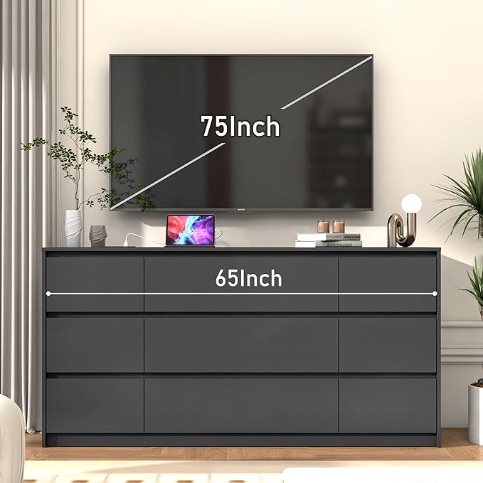 Black malm Dresser for Bedroom, 63 Inch Long 9 Drawers Dresser with Charging Station, Modern Large Wood Chest of Drawers Handle Free for Bedroom, Living Room, Entryway, Hallway, Black