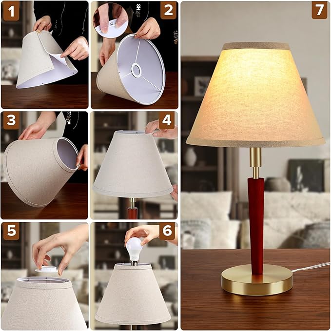 Touch Control Mid-Century Modern Table Lamp, 3-Way Dimmable Bedside Lamp with Gold Base and Wood Pole for Bedroom, Living Room, Nightstand, Office