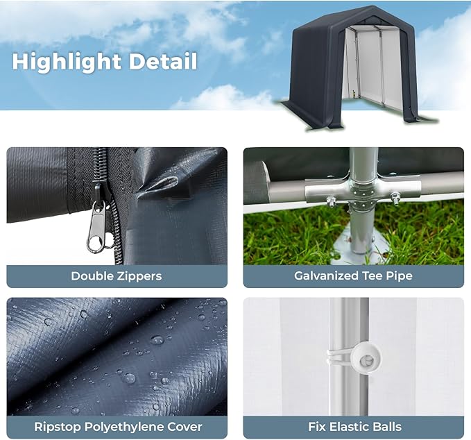 GREEN PARTY Storage Shelter Shed, 6x10 ft Portable Shed Outdoor Carport with Roll-up Zipper Door & Vents, Outdoor Storage Shed Portable Garage for Motorcycle, Bike, Waterproof & UV Protected, Gray