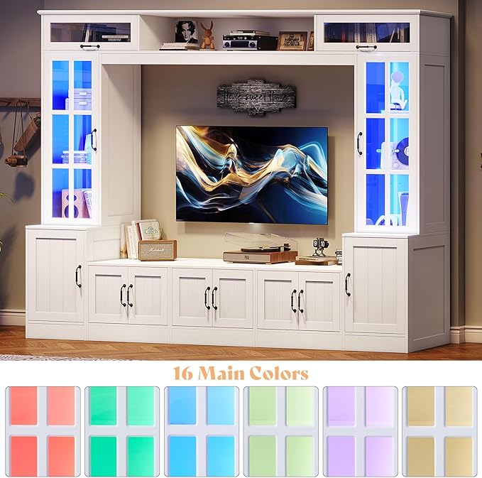 AMERLIFE 98" W Wall Unit TV Stand with Storage for TVs up to 80", Modern TV Console with LED Lights, Entertainment Center with Bookshelves for Living Room, White