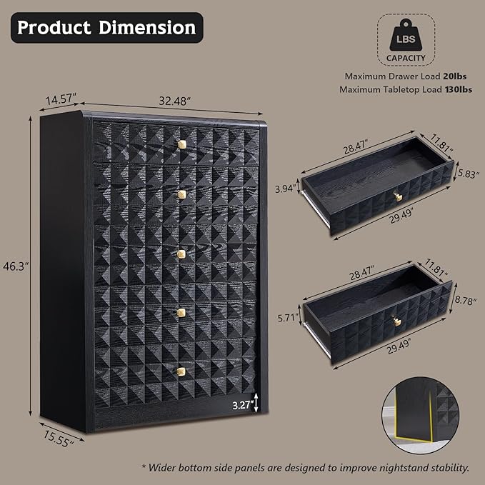 Modern 5 Drawer Dresser for Bedroom, Wooden Tall Dressers &Chests of Drawers w/Two Different Drawer Sizes, Mid Century Modern Dresser w/Diamond Panel Decorate for Bedroom, Curved Profile Design, Black