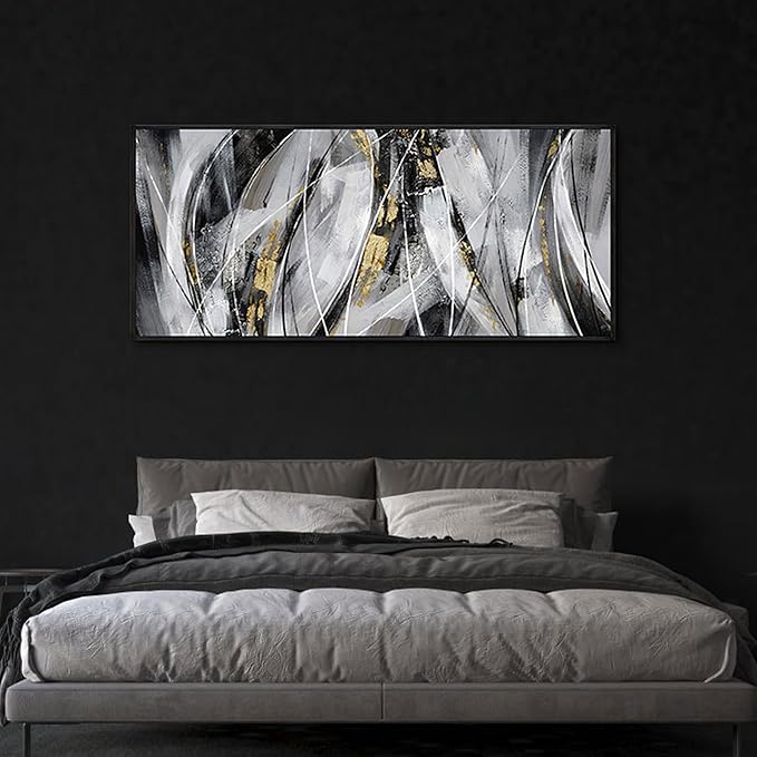 KLAKLA Abstract Frame Wall Art - Black and White Picture for Living Room Black and Gold Framed Artwork Canvas Art Work for Office Home Decor Bedroom Wall Decoration - 70x31 Inches