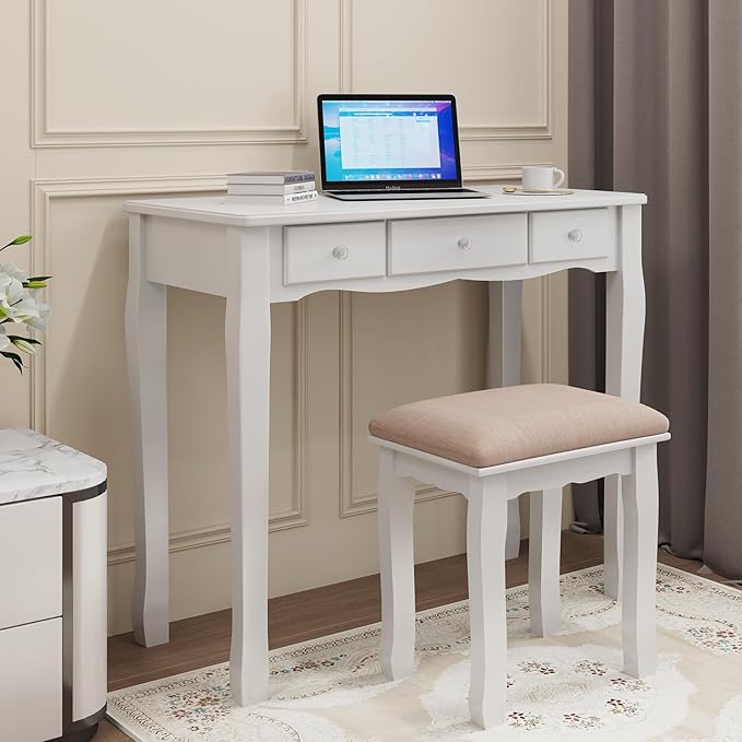 Vanity Desk with Mirror and Lights, Kids Vanity with Lights,5 Drawers and Cabinets White Vanity with Lighted Mirror Vanity Desk and Chair for Bedroom