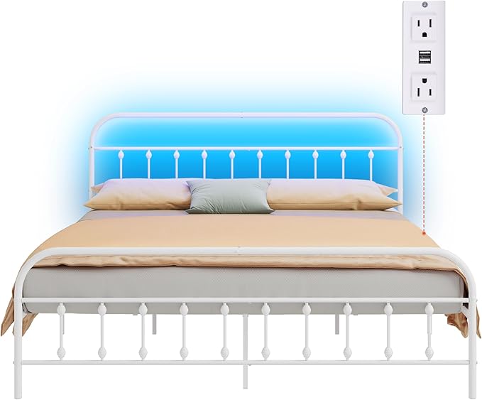 WLIVE Bed Frame King Size, King Size Bed Frame with Storage and Headboard, King Bed Frames with LED Lights and Charging Station, White