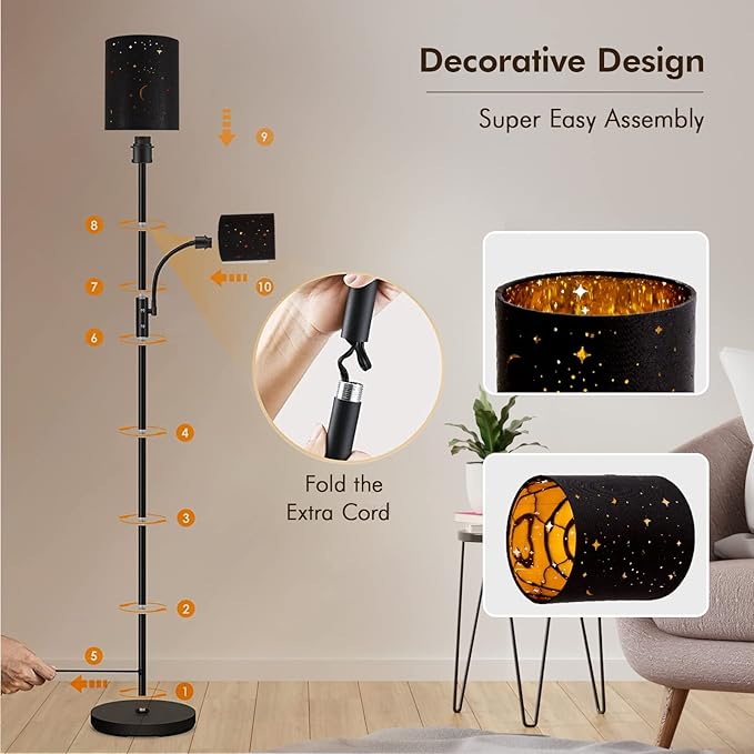 Gothic Industrial Torchiere Floor Lamp with Adjustable Reading Light, 71" Black Metal Standing Lamp with Gold Lined Starry Shade, Vintage Pole Lamp for Living Room & Bedroom, Spooky Home Decor