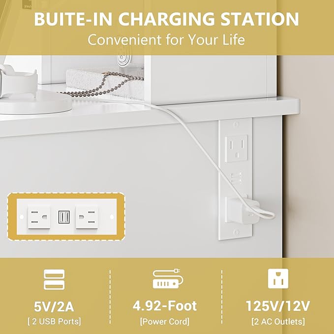 Vanity Desk with Mirror and Lights, Makeup Dressing Table Set with Storage Drawers & Stool, Power Outlet, 3 Lighting Modes Adjustable Brightness & RGB Ambient Light for Women Girls Bedroom, White