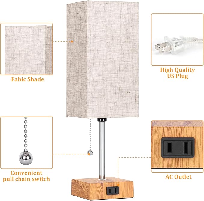 Table Lamp for Bedroom set of 2,3-Color Bedside Lamps with Pull Chain Table Lamps for Nightstand with AC Outlets,Small Night Light Lamps with 2 Bulbs Lamps for Living Room Kids Room Office Decor（Wood）