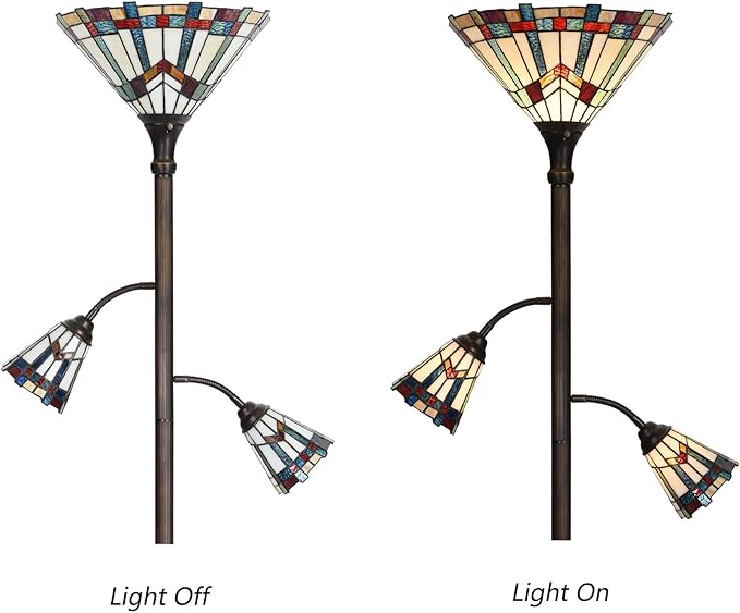 Bieye L10812 Mission Tiffany Style Stained Glass Floor Lamp for Reading Working Decorating, 3-Lights, 70 inches Tall