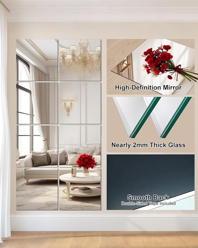 Glass Mirror Tiles for Wall 12" x 12" Frameless Full Length Mirror Wall Mounted Full Body Mirrors for Bedroom Home Gym Door Bathroom (8PCS)