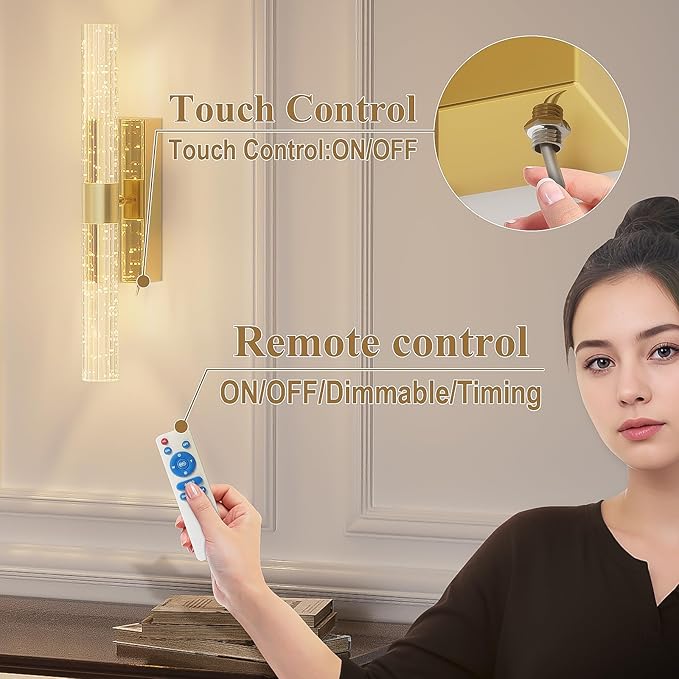 Battery Operated Gold Wall Sconces Set of 2 Rechargeable Battery Powered Wall Light with 12000mAh Not Hardwired Dimmable Wall Lamp Fixtures for Bedroom Living Room 20.9 Inches