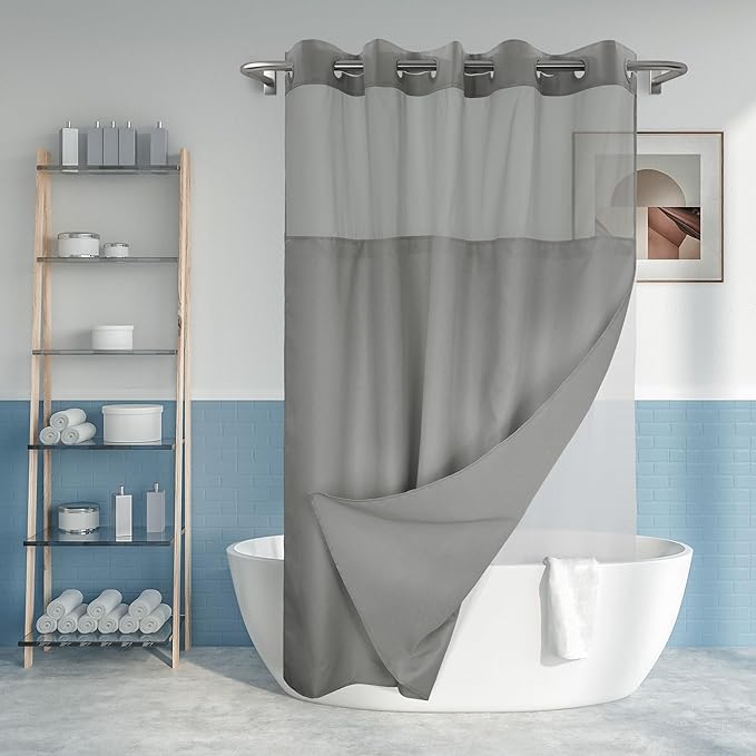 No Hook Slub Textured Shower Curtain with Waterproof PEVA Liner Set - 71" x 74"(72"), Hotel Style with See Through Top Window, Fabric Curtain & Waterproof Liner for Bathroom, Dark Gray, 71x74