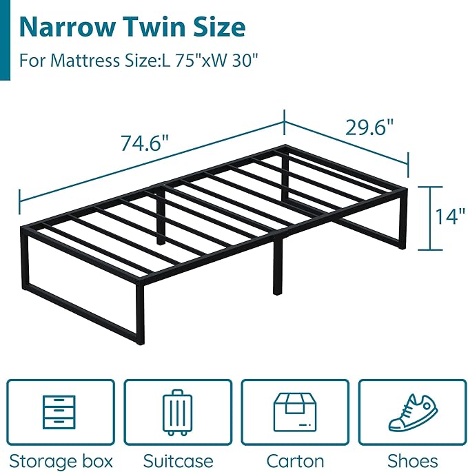 EMODA 14 Inch Narrow Twin Bed Frame 30x75, Heavy Duty Metal Platform No Box Spring Needed, Easy Assembly Noise Free, Black