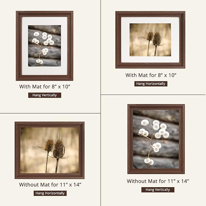 GraduationMall 11x14 Wooden Picture Frames,Display Photos 8x10 with Mat or 11x14 Without Mat,UV Protection Acrylic,Wall or Tabletop Display,Rustic Brown Set of 2