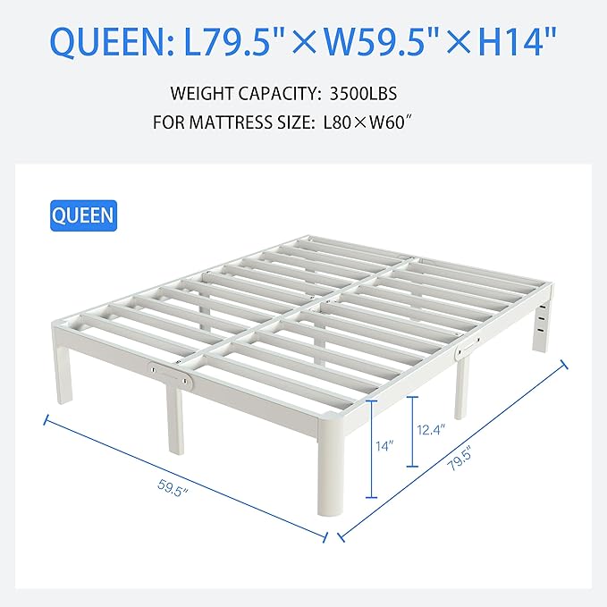 White Bed Frame Queen Size 14 Inch, Metal Queen Bed Frame No Box Spring Needed, Heavy Duty Steel Support 3500 LBS, DIY Headboard, Noiseless, Round Corner Legs, Storage Space, Easy Assembly
