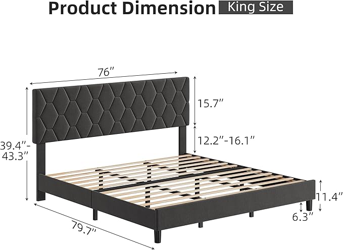 GAOMON Grey King Upholstered Bed Frame with Headboard, Heavy-Duty Platform Bed Frame with Strong Wood Slats, No Box Spring Needed/Easy Assembly/Noise Free