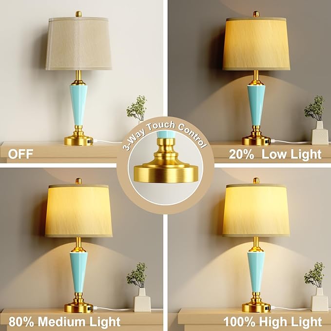 24" Ceramic Table Lamp with 3 Way Dimmable Touch Lamps - 2 USB Ports & AC Outlet Bedside Lamps, Modern Nightstand Lamp for Bedroom Living Room Office (Bulb Included) (Sky Blue-2 Pack)