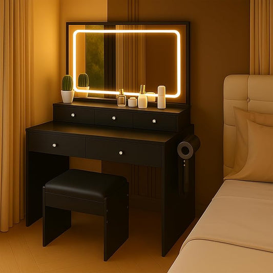 Small Makeup Vanity Desk with Full Size Mirror and Lights, 31" Compact Black Dressing Table with Chair, 5 Storage Drawers, Power Outlet & Hair Dryer Holder for Small Space, Dorm, Bedroom