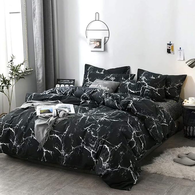 Luxlovery Black Marble Comforter Set Queen Black Marble Bed Set Full Cotton Comforter Cozy Beathable Soft Black and White Marble Quilts Blanket Modern Comforter Set
