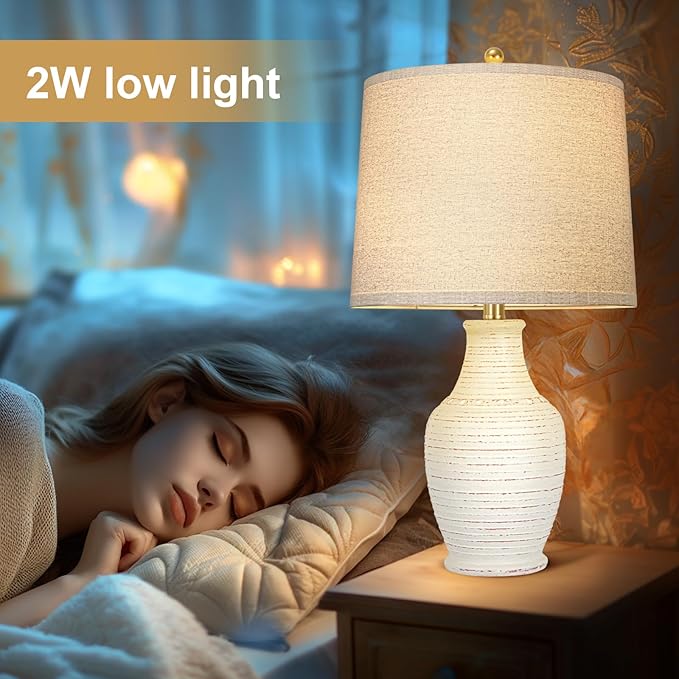23" White Washed Ceramic Table Lamps Set of 2 with 3-Way Dimmable Bulb,Rotary Switch,Lamps for Living Room,Bedside Lamp with Linen Shade,Nightstand Lamps of 2 for Living Room Bedroom(Bulb Included)