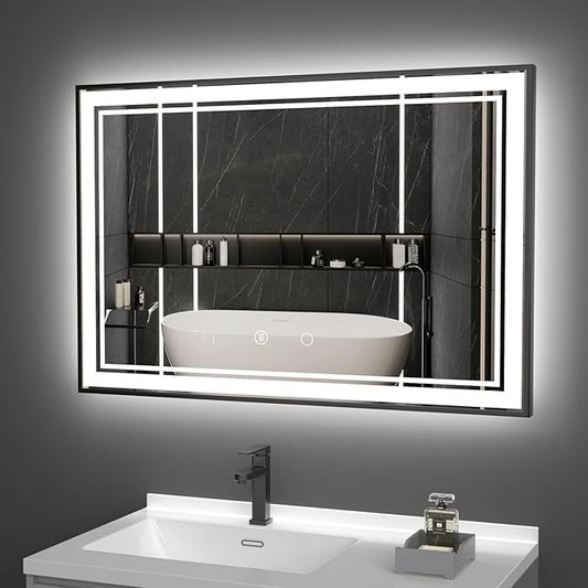 48" x 32" LED Bathroom Mirror with Lights Framed LED Mirror for Bathroom Backlit and Front Lighted Bathroom Mirror Black Square Aluminum Frame Anti-Fog Dimmable Adjustable Shatter-Proof