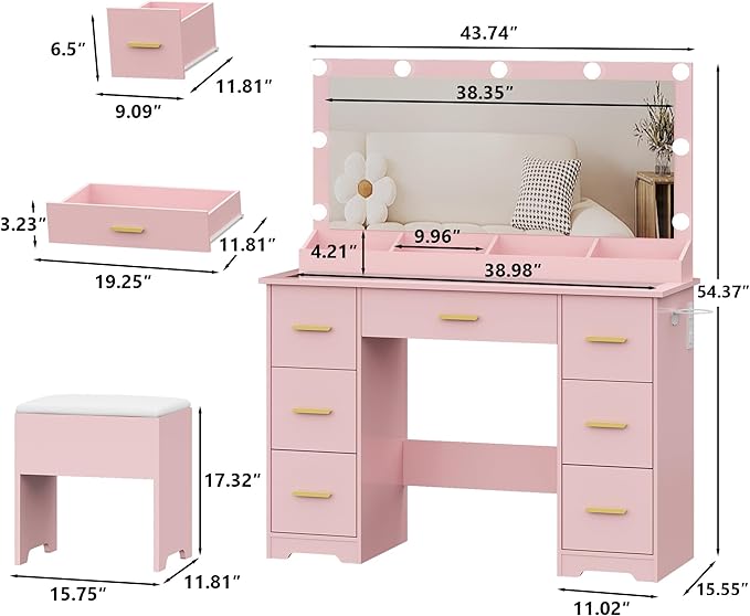 Vanity Desk with 38" Large Mirror and 9 LED Lights & Glass Top and Power Outlet, Adults Makeup Vanity with Chair and 7 Storage Drawers, Dressing Table Set for Bedroom, Modern Pink