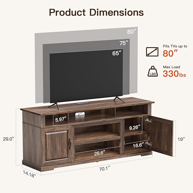 Amada TV Stand for TVs Up to 80 Inch, Entertainment Center TV Stand with Drawer Storage Cabinet, Adjustable Shelves, Cable Management, Farmhouse Rustic Wood TV Console for Living Room, Bedroom, Brown