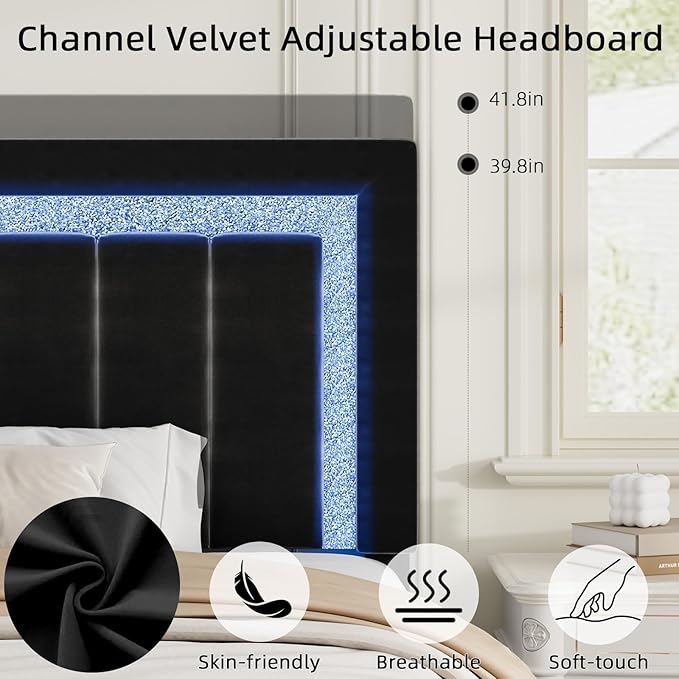 HOMBCK Queen Size Bed Frame with LED Lights and Velvet Upholstered Headboard, Bed Frame Queen with Modern Diamond Headboard Adjustable, Wooden Slats Support, Noise Free, No Box Spring Needed, Black