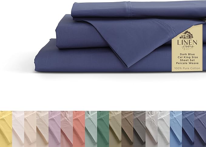 Linen Home 100% Cotton Percale Sheets California King Size,Dark Blue, Deep Pocket, 4 Pieces Set - 1 Flat, 1 Deep Pocket Fitted Sheet and 2 Pillowcases, Crisp Cool and Strong Bed Linen