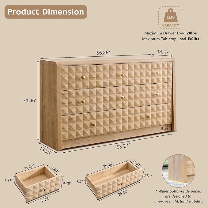 Modern 8 Drawer Dresser for Bedroom, Wooden Large Dressers &Chests of Drawers w/2 Different Drawer Sizes, Mid Century Modern Dresser w/Diamond Panel Decorate for Bedroom, Curved Profile Design,Natural