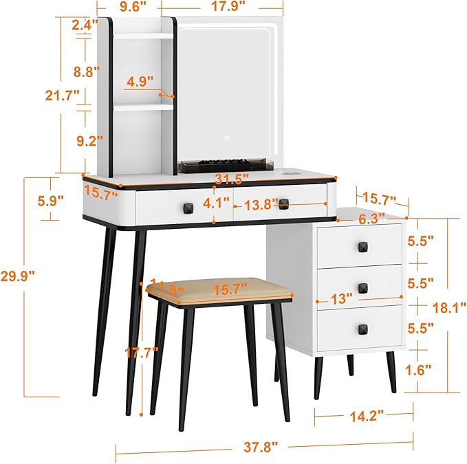 soges Vanity Desk Set, Combined Makeup Vanity LED Mirror and Lights, Cushioned Stool, Dressing Table with Storage Cabinet, Storage Drawers & Shelves, Wireless Power Outlests, White