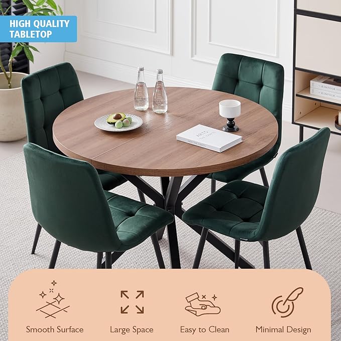 39" Round Dining Table Set for 4, Mid Century Kitchen Table with 4 Green Velvet Upholstered Dining Chairs for Apartment Living Room Space Saving