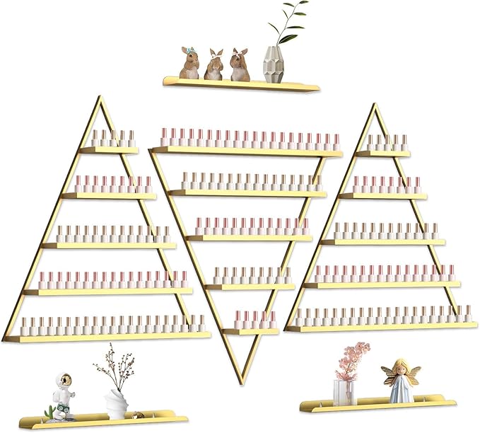 EBANKU 6PCS Nail Polish Racks 5 Tiers Nail Polish Shelf for Wall Triangular Display Rack Cosmetic Display Cases Lipstick Perfume Wall Shelf Essential Oil Organizers for Home Spa Nail Salon Shop(Gold)