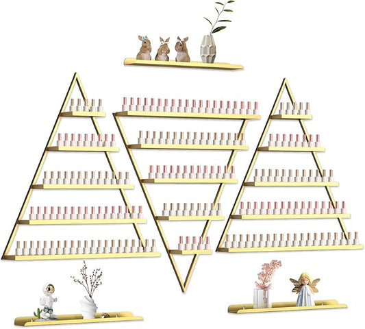 EBANKU 6PCS Nail Polish Racks 5 Tiers Nail Polish Shelf for Wall Triangular Display Rack Cosmetic Display Cases Lipstick Perfume Wall Shelf Essential Oil Organizers for Home Spa Nail Salon Shop(Gold)