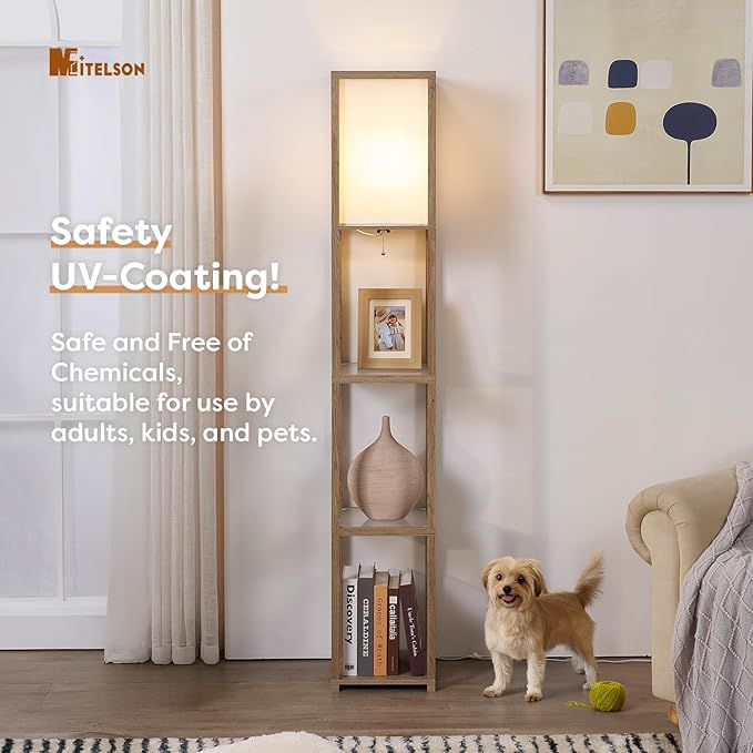 Floor Lamp with Shelves, Modern Shelf Lamps with LED Bulb, Corner Lamps with Glass Shelves, Display Shelf with Light, Standing Lamp for Living Room, Bedroom, Office-Rustic Wood