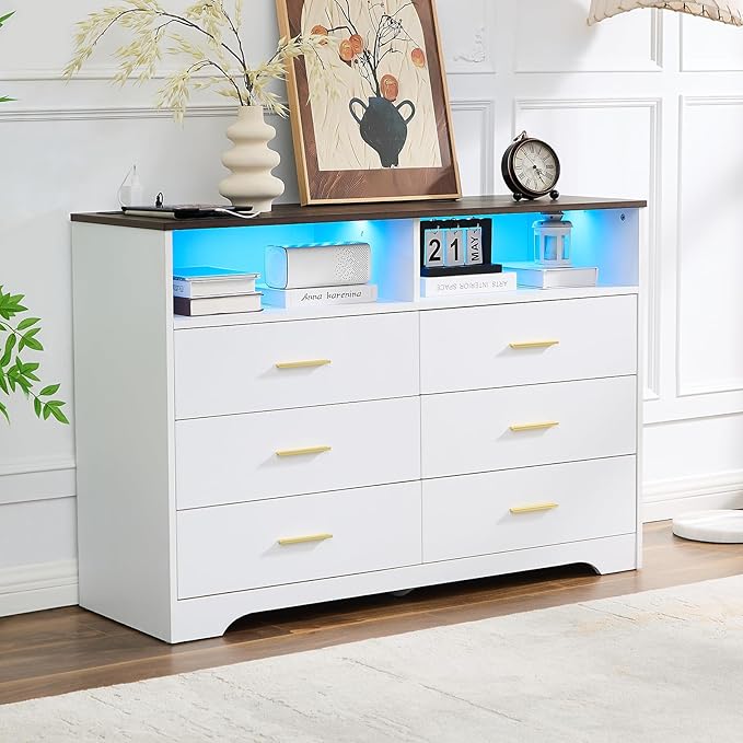 LIDYUK Dresser for Bedroom, Wood Dresser with 6 Drawers, Modern Minimalist Dressers & Chest of Drawers with Charging Station & LED Lights, 48 Inches TV Stand for Bedroom, Living Room, White