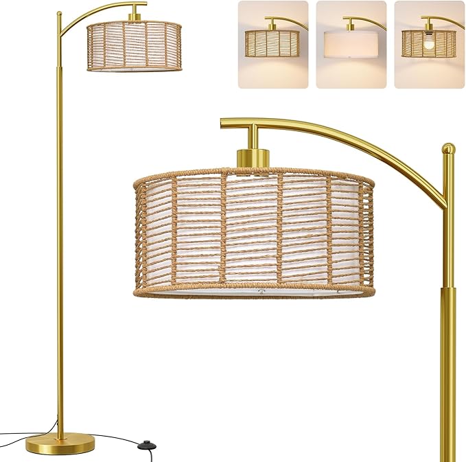 Oneach 62.5" Arc Floor Lamp for Living Room, Rattan Boho Floor Lamp with Gold Metal Base, Double Shades, Farmhouse Rustic Modern Standing Lamp for Bedroom Office Corner