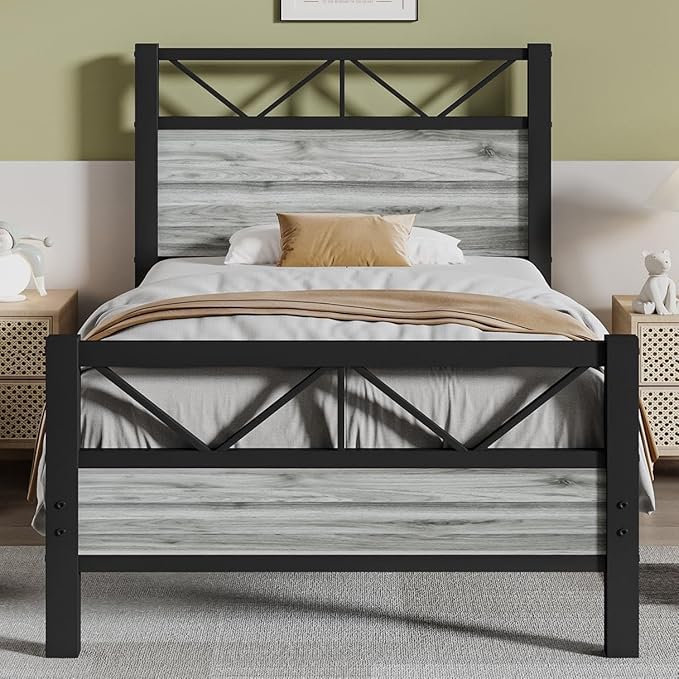 Twin Bed Frames with Tall Headboard, Industrial Twin Platform Bed Frame with Heavy Duty Metal Slats Support, No Box Spring Needed, Noise-Free, Easy Assembly, Wash Grey